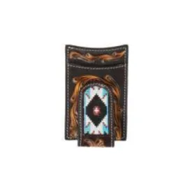 3D Brown Floral Tooled Money Clip with Embroidered Inlay