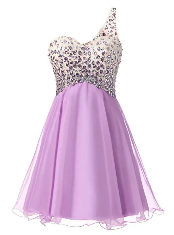 A-Line Purple Chiffon One Shoulder Homecoming Dress With Crystal