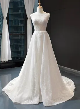 A-Line White Tulle Backless Sexy See Through Wedding Dress With Beading