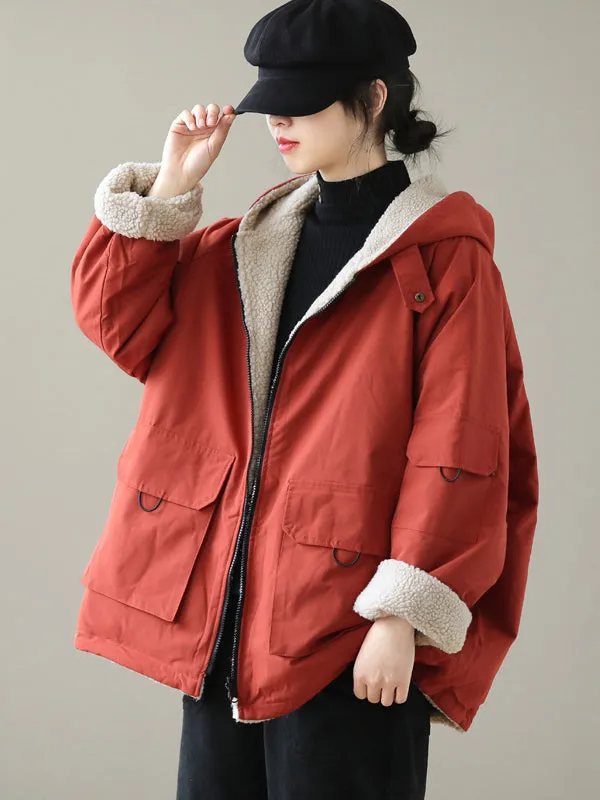 Artistic Retro Long Sleeves Loose Keep Warm Fleece Lining Zipper Hooded Outerwear