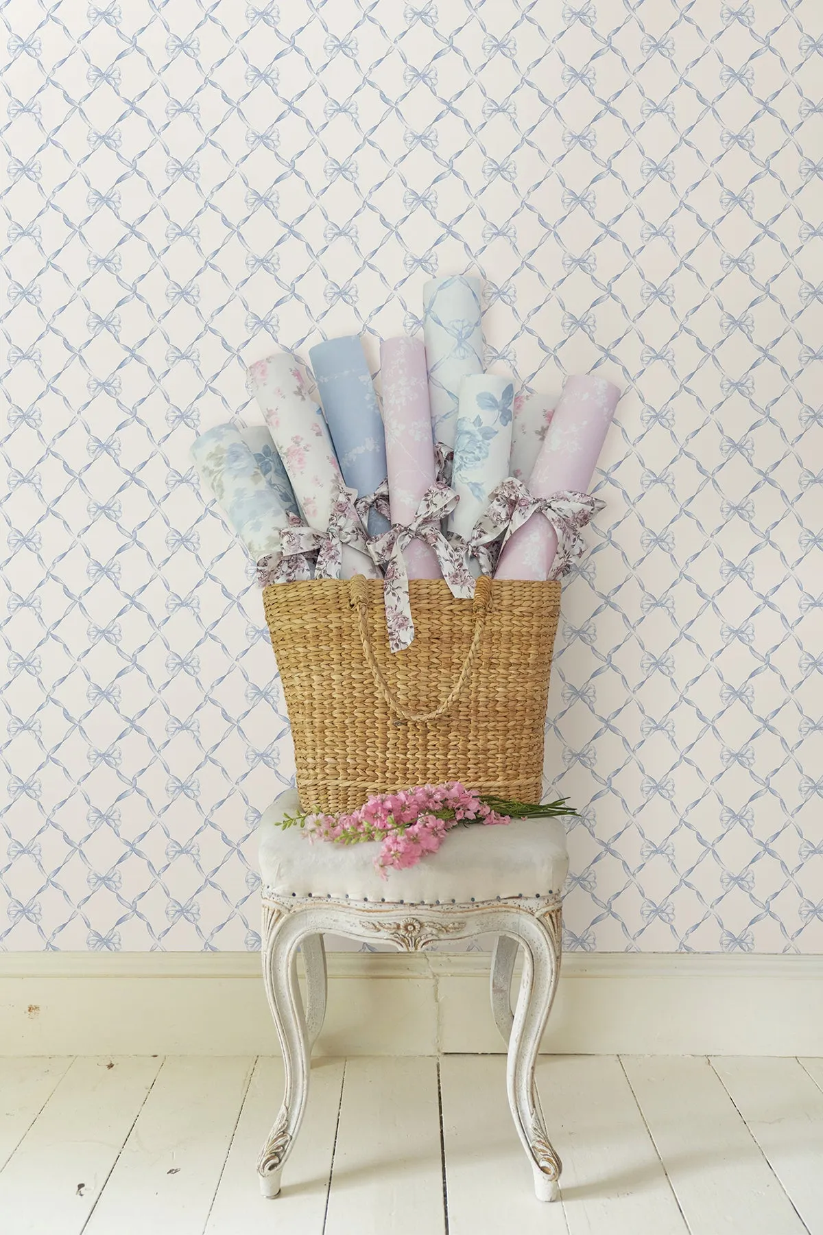 Baby Bow Faded Primrose Ribbon Trellis Wallpaper