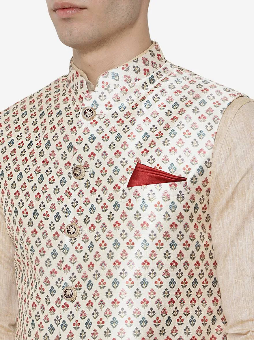 Beige Printed Bandhgala Jacket | Greenfibre