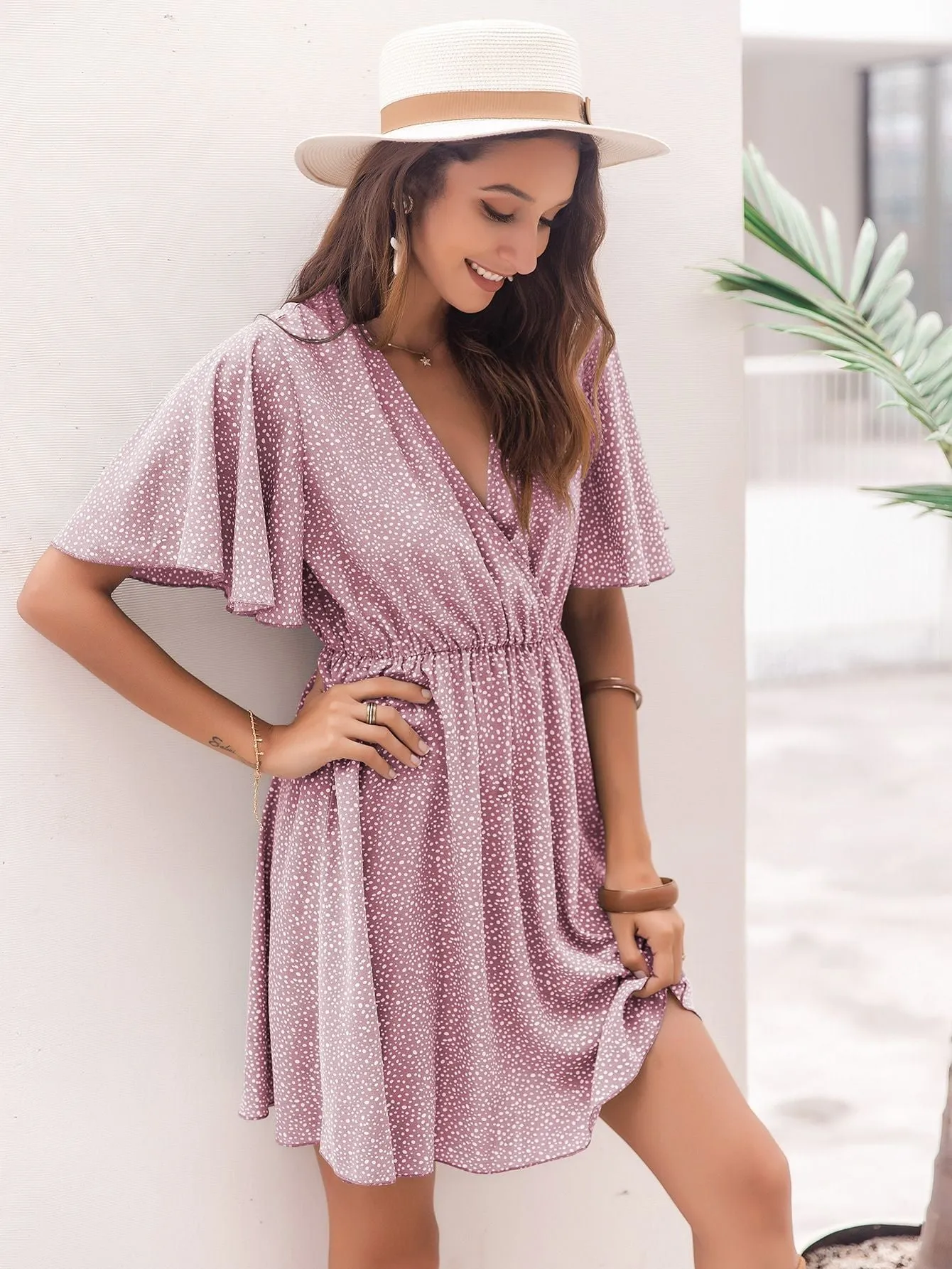 Bell Sleeve Polka Dot V Neck Simple Daily Dress wholesale dresses