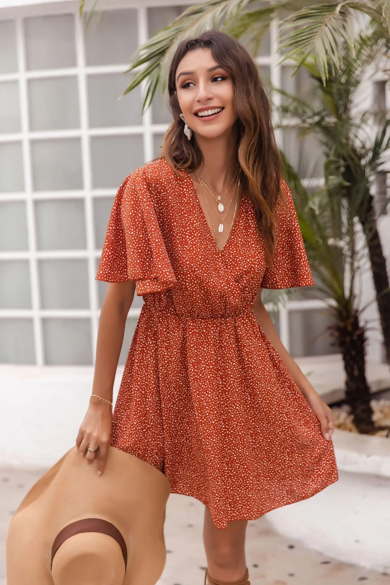 Bell Sleeve Polka Dot V Neck Simple Daily Dress wholesale dresses