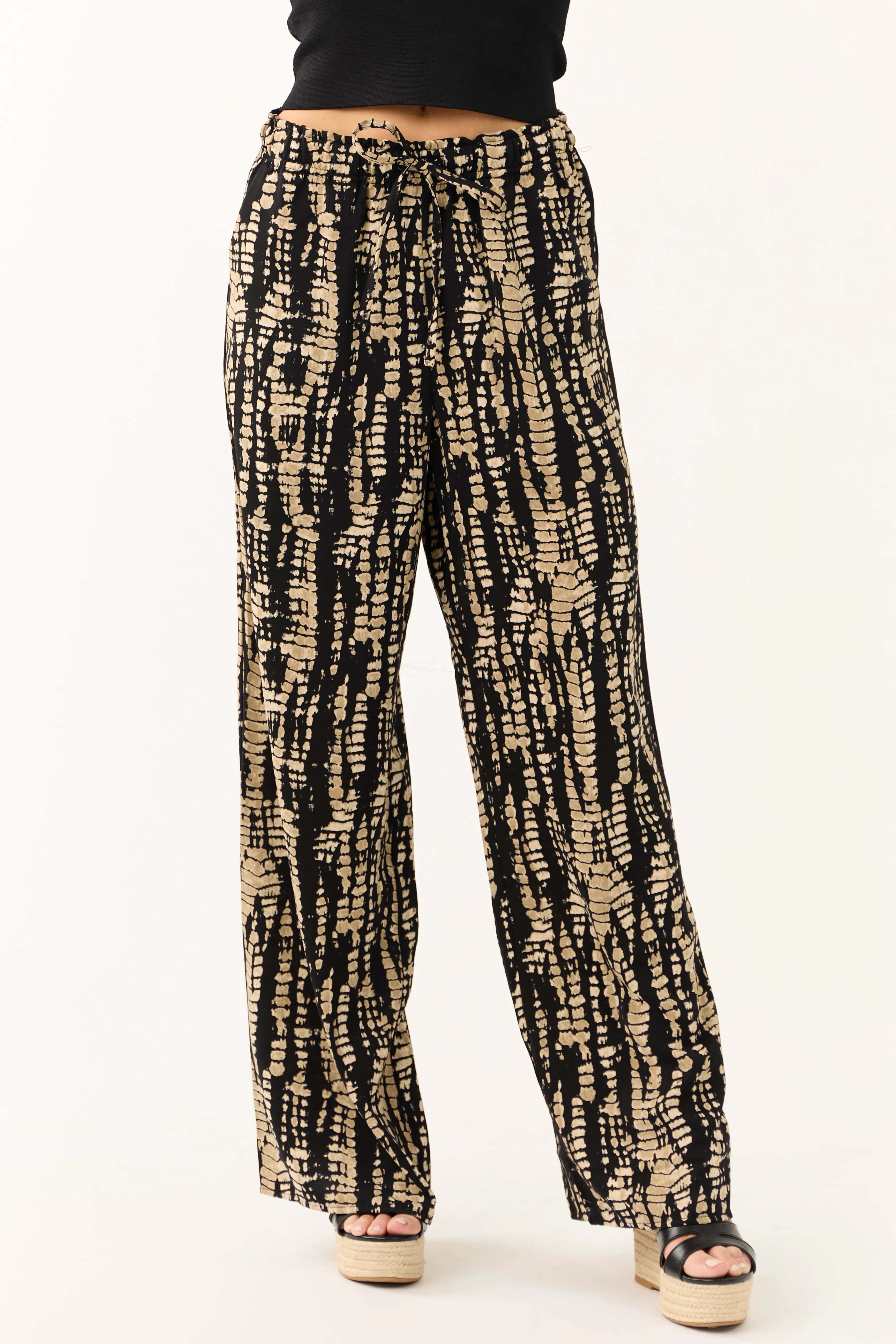 Black Abstract Print Drawstring Pants