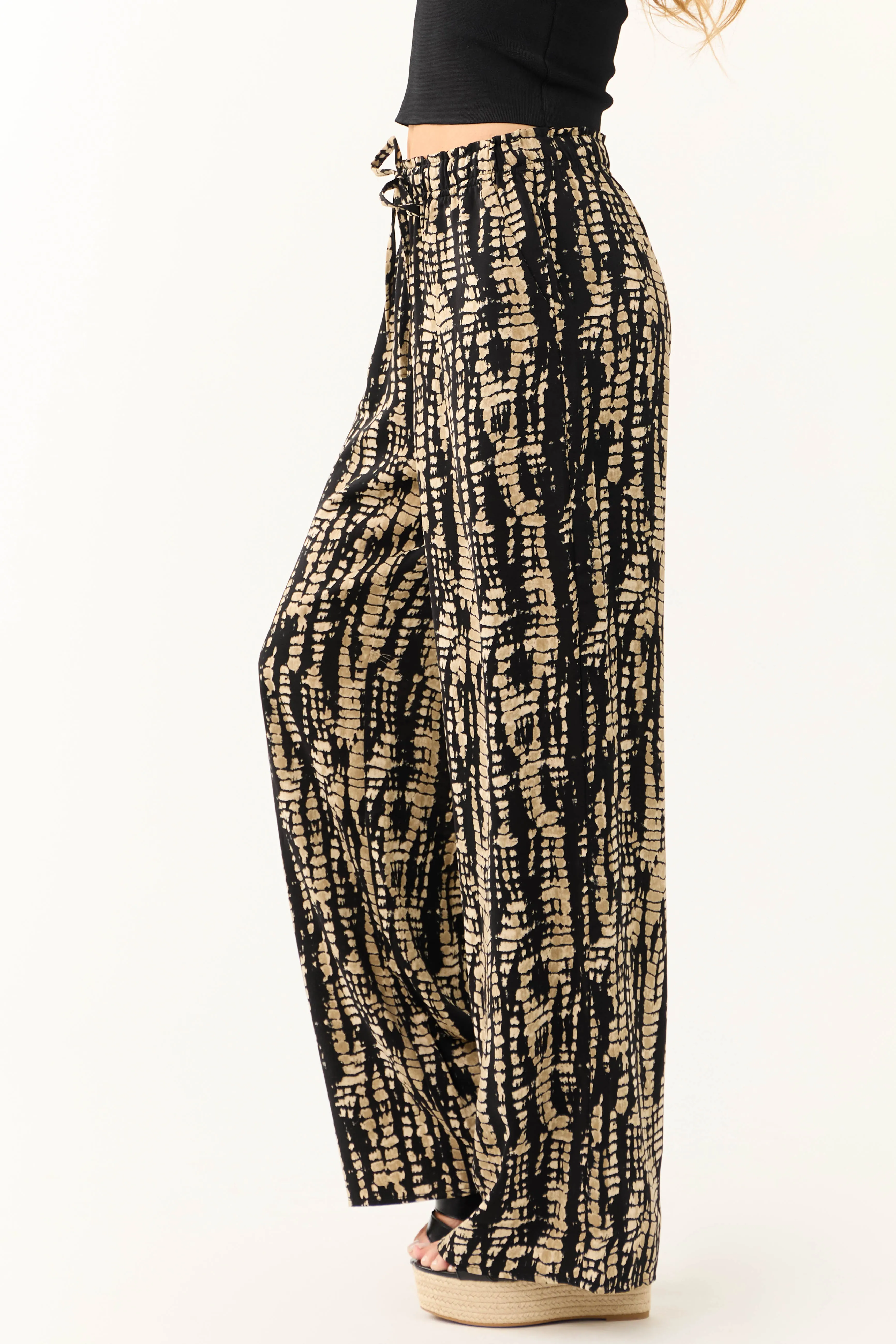 Black Abstract Print Drawstring Pants