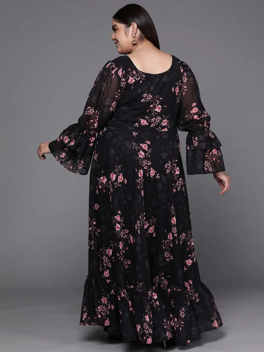 Black & Pink Floral Print Georgette Ethnic Maxi Dress