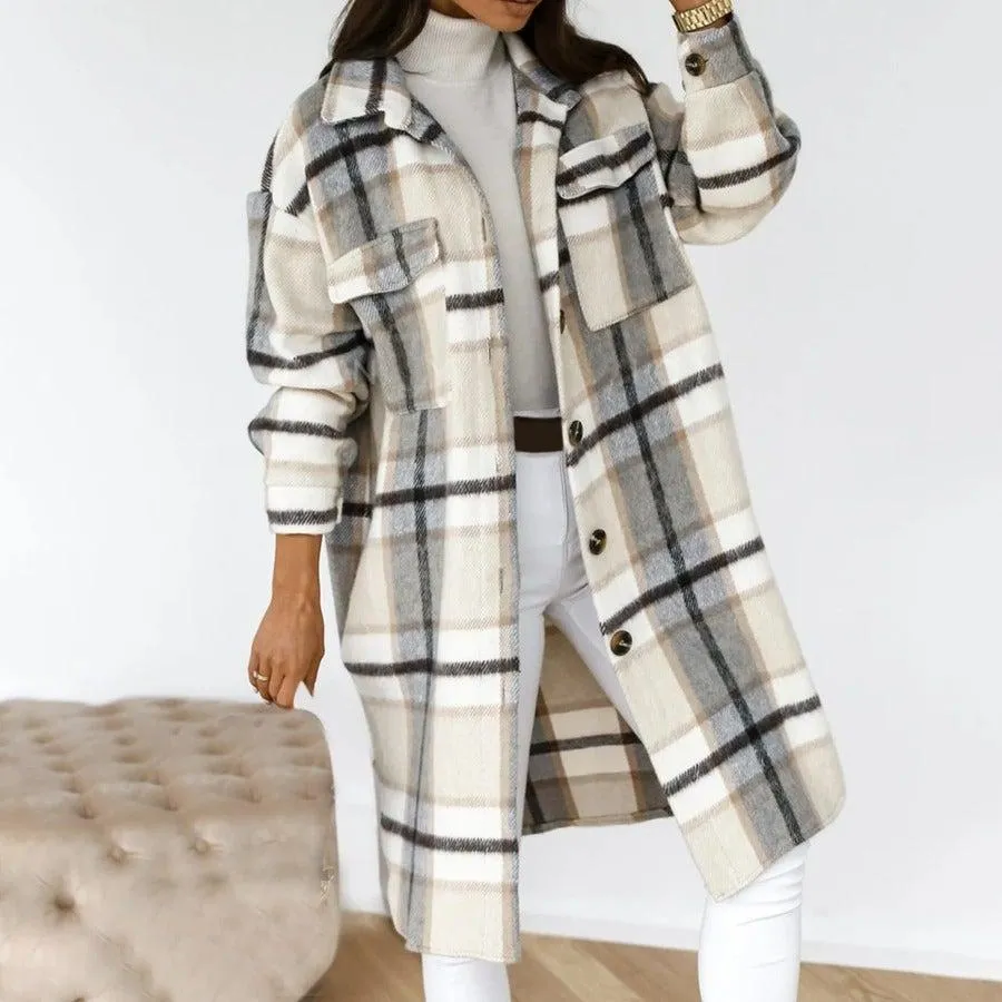 Black and White Plaid Button Pocket Front Jacket Outerwear