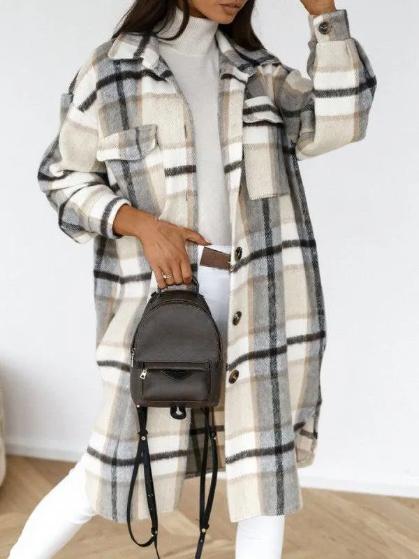 Black and White Plaid Button Pocket Front Jacket Outerwear