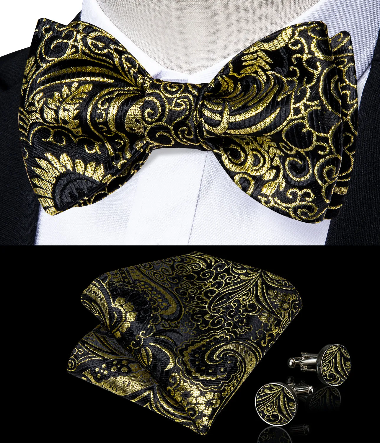 Black Golden Silk Bowtie Pocket Square Cufflinks Set