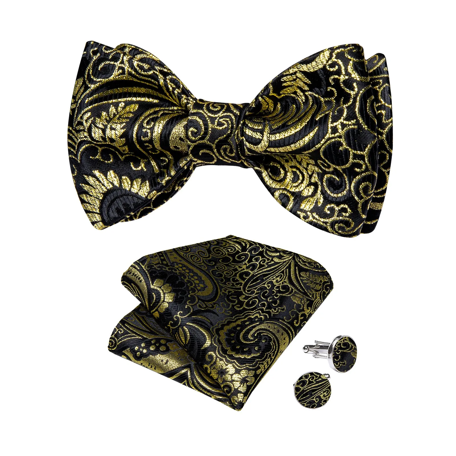 Black Golden Silk Bowtie Pocket Square Cufflinks Set