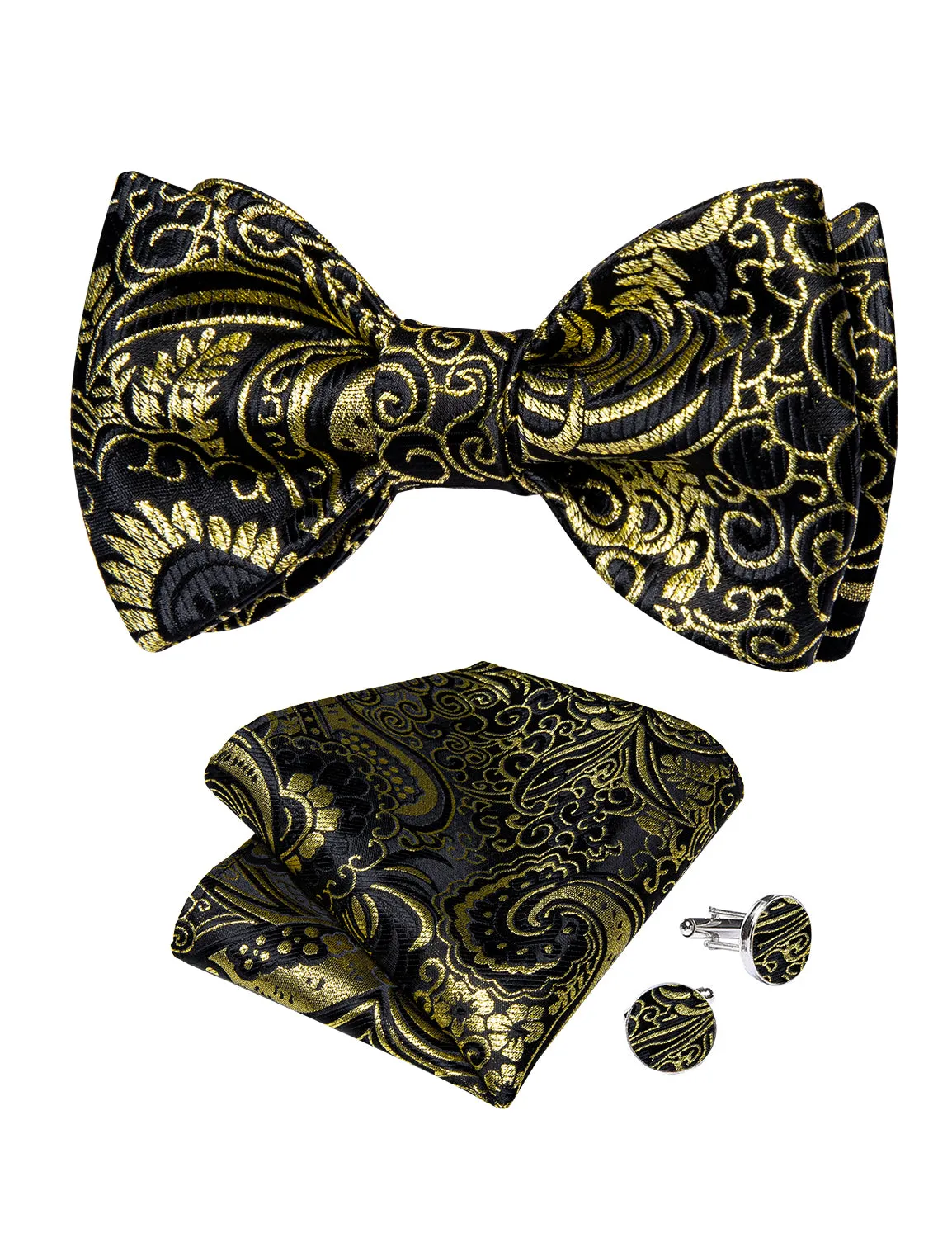 Black Golden Silk Bowtie Pocket Square Cufflinks Set