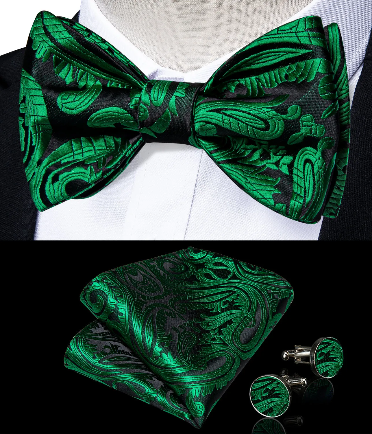 Black Green Floral Silk Bowtie Pocket Square Cufflinks Set