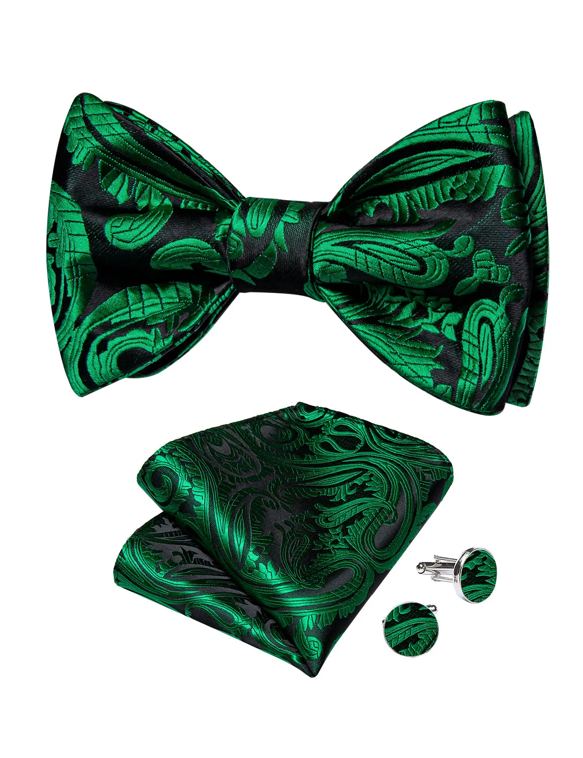 Black Green Floral Silk Bowtie Pocket Square Cufflinks Set