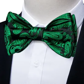 Black Green Floral Silk Bowtie Pocket Square Cufflinks Set