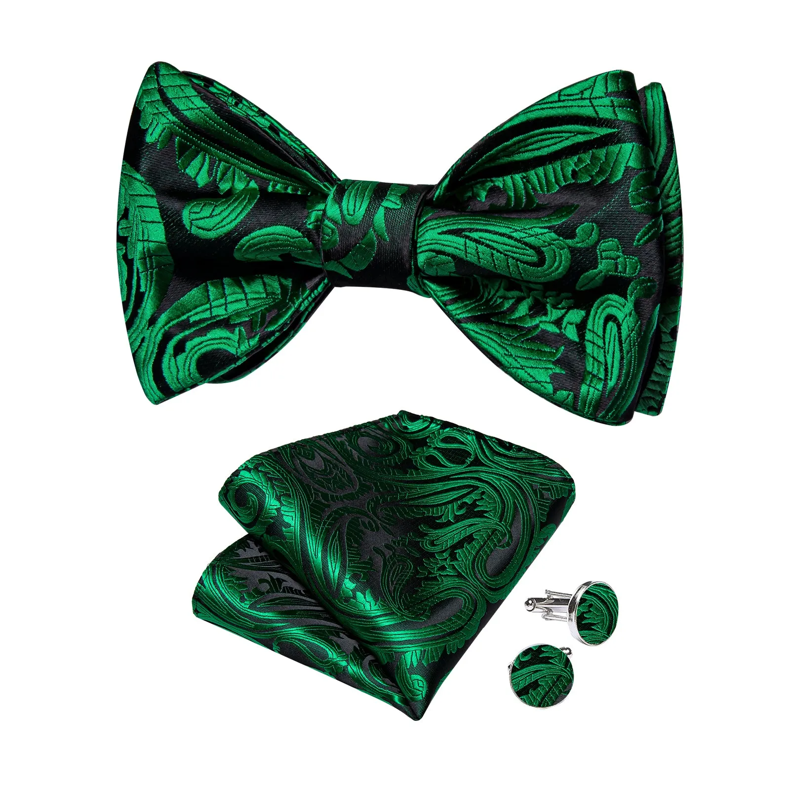 Black Green Floral Silk Bowtie Pocket Square Cufflinks Set