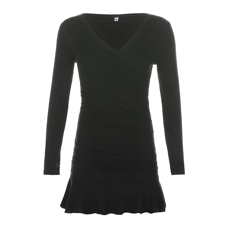 Black Long-Sleeved Sexy V-Neck Ruffle Winter Dress