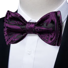 Black Purple Floral Silk Bowtie Pocket Square Cufflinks Set