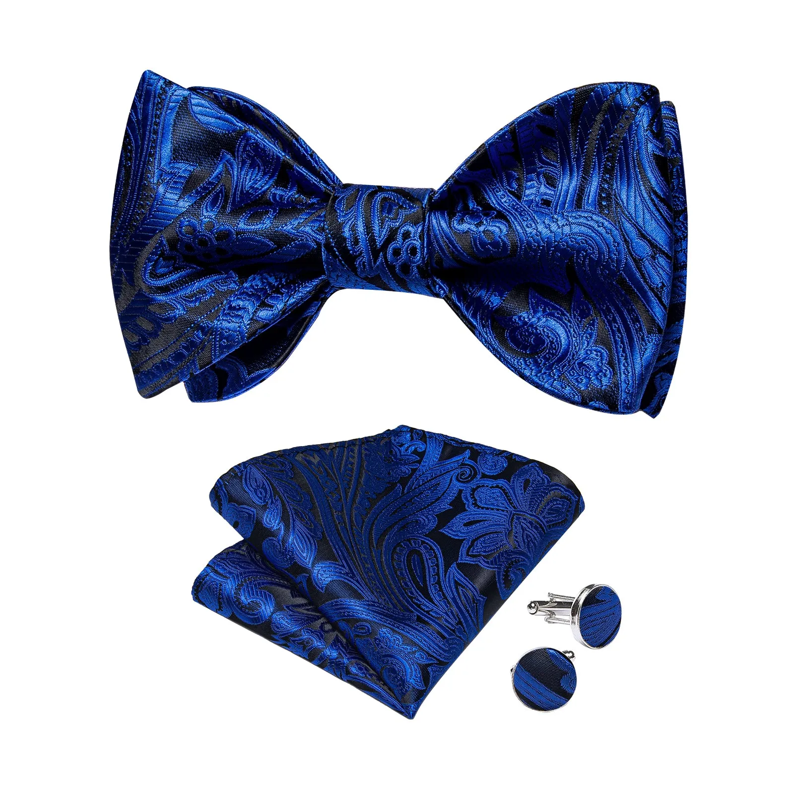 Blue Black Floral Silk Bowtie Pocket Square Cufflinks Set