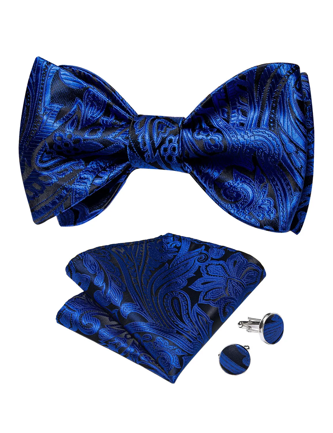 Blue Black Floral Silk Bowtie Pocket Square Cufflinks Set