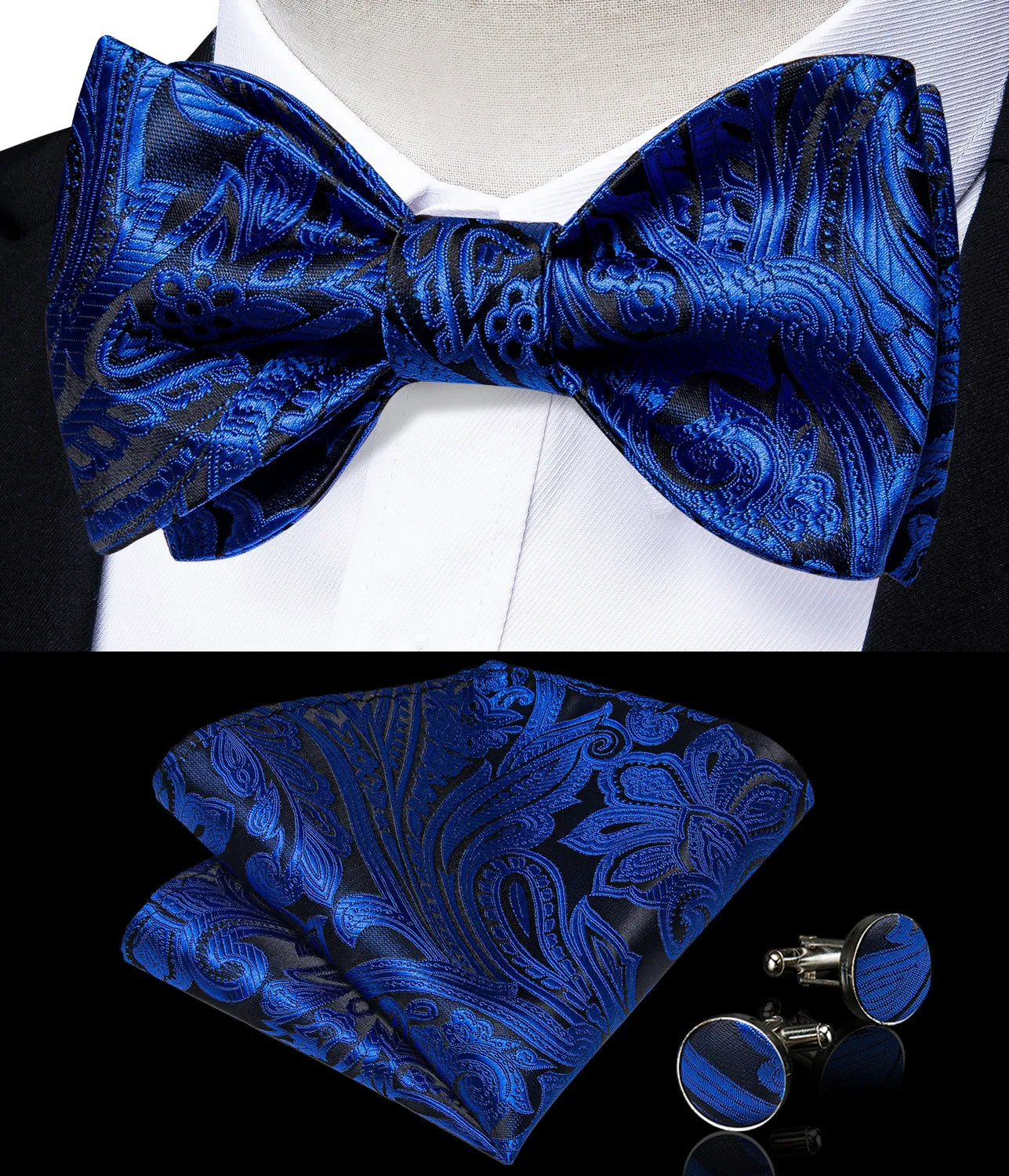 Blue Black Floral Silk Bowtie Pocket Square Cufflinks Set