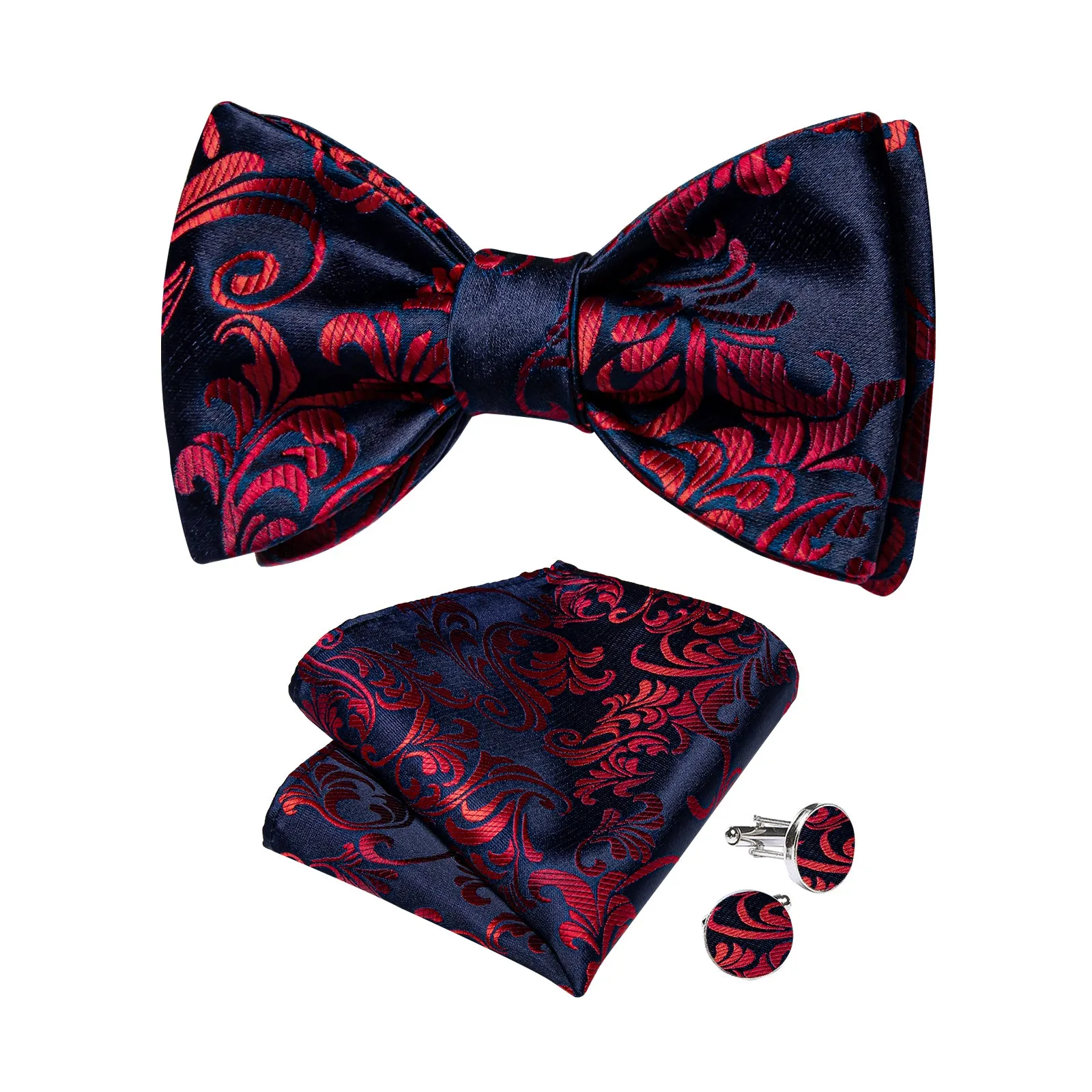 Blue Claret Floral Silk Bowtie Pocket Square Cufflinks Set