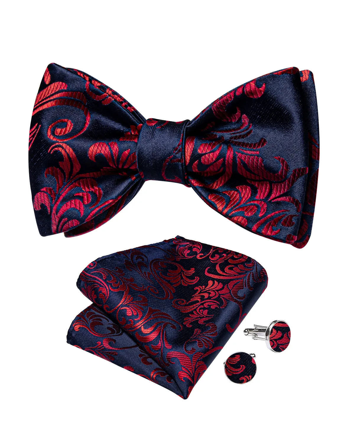 Blue Claret Floral Silk Bowtie Pocket Square Cufflinks Set