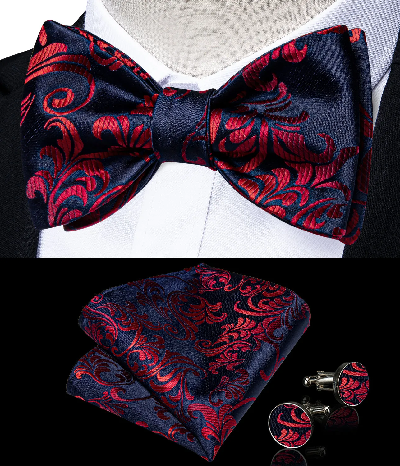 Blue Claret Floral Silk Bowtie Pocket Square Cufflinks Set