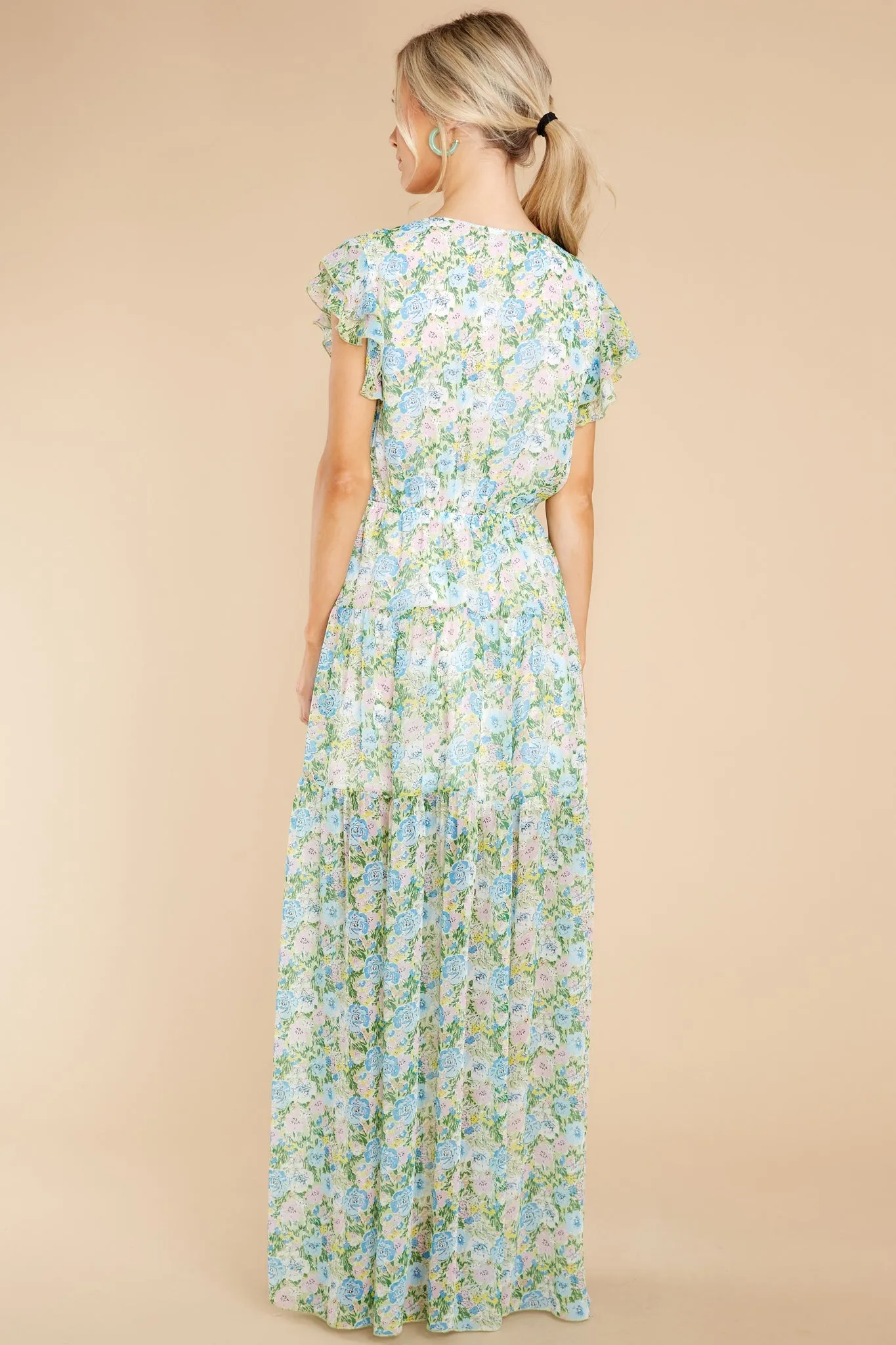 Bouquet Of Happy Green Floral Print Maxi Dress