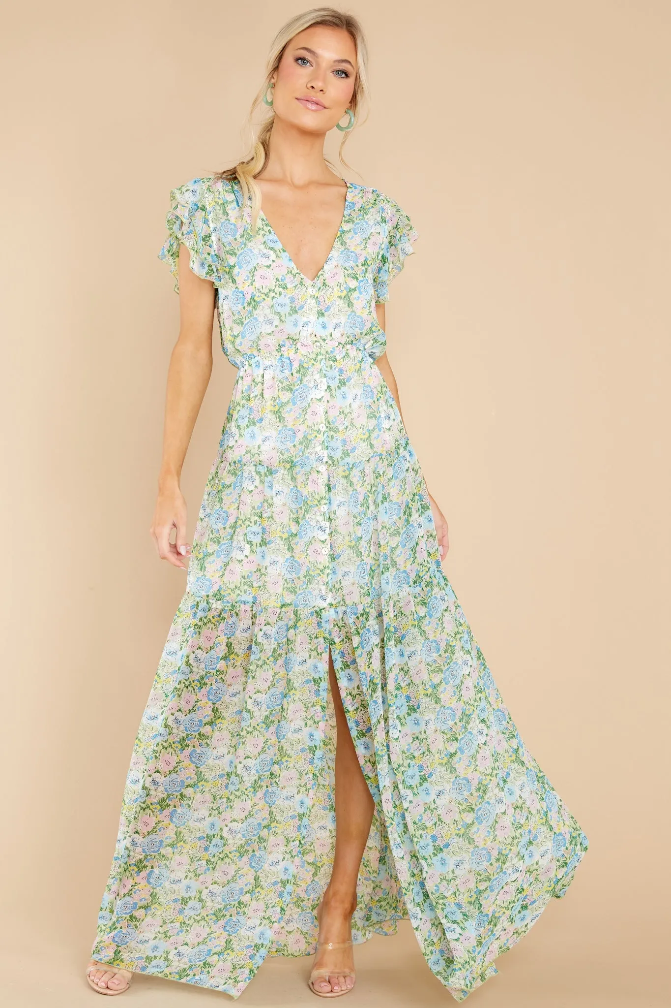 Bouquet Of Happy Green Floral Print Maxi Dress