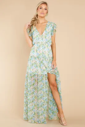 Bouquet Of Happy Green Floral Print Maxi Dress