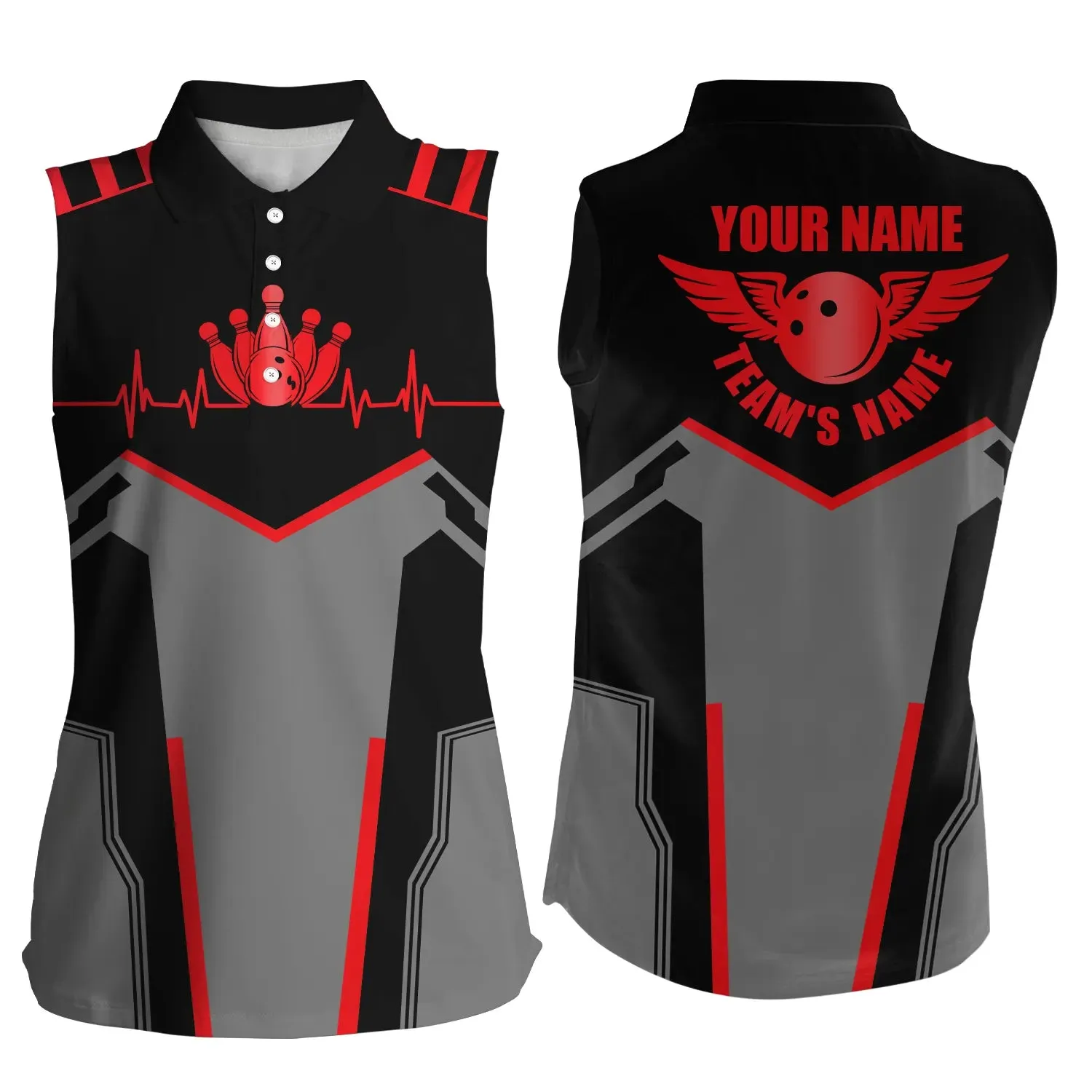 Bowling Shirts For Women Custom Name, Team Name Bowling Ball & Pins Sleeveless Polo Shirts