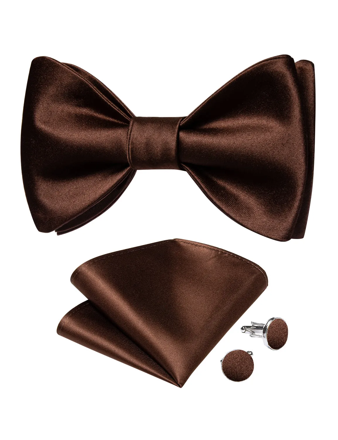 Brown Solid Silk Bowtie Pocket Square Cufflinks Set