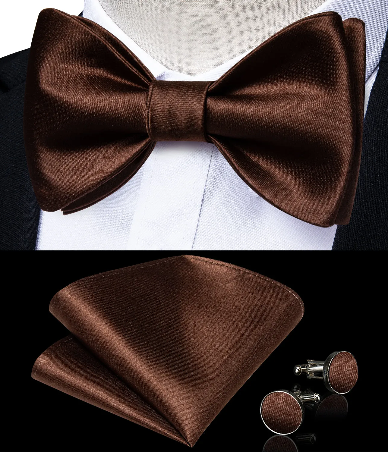 Brown Solid Silk Bowtie Pocket Square Cufflinks Set