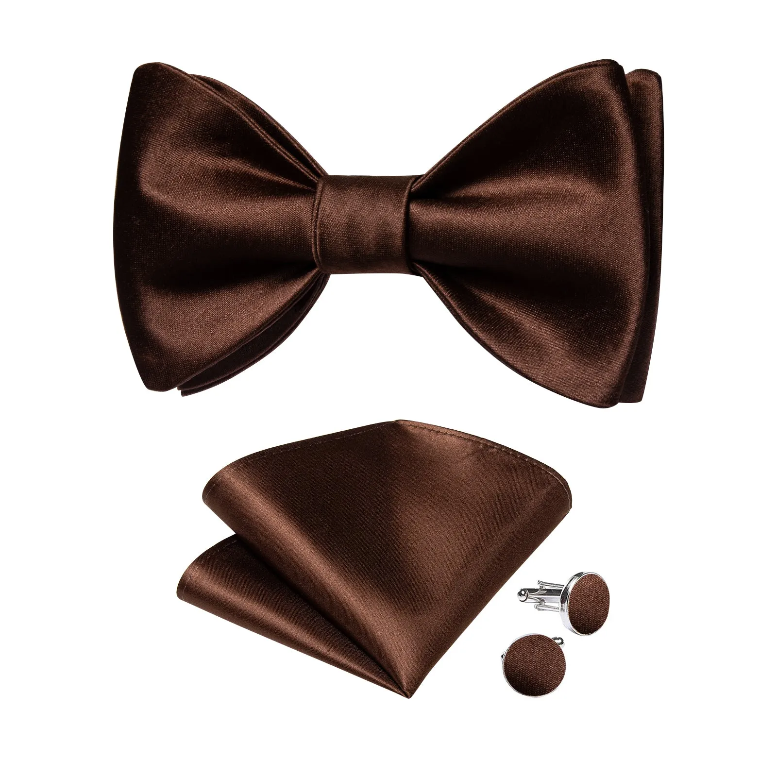 Brown Solid Silk Bowtie Pocket Square Cufflinks Set