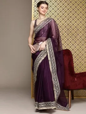 Burgundy Embroidered Organza Saree