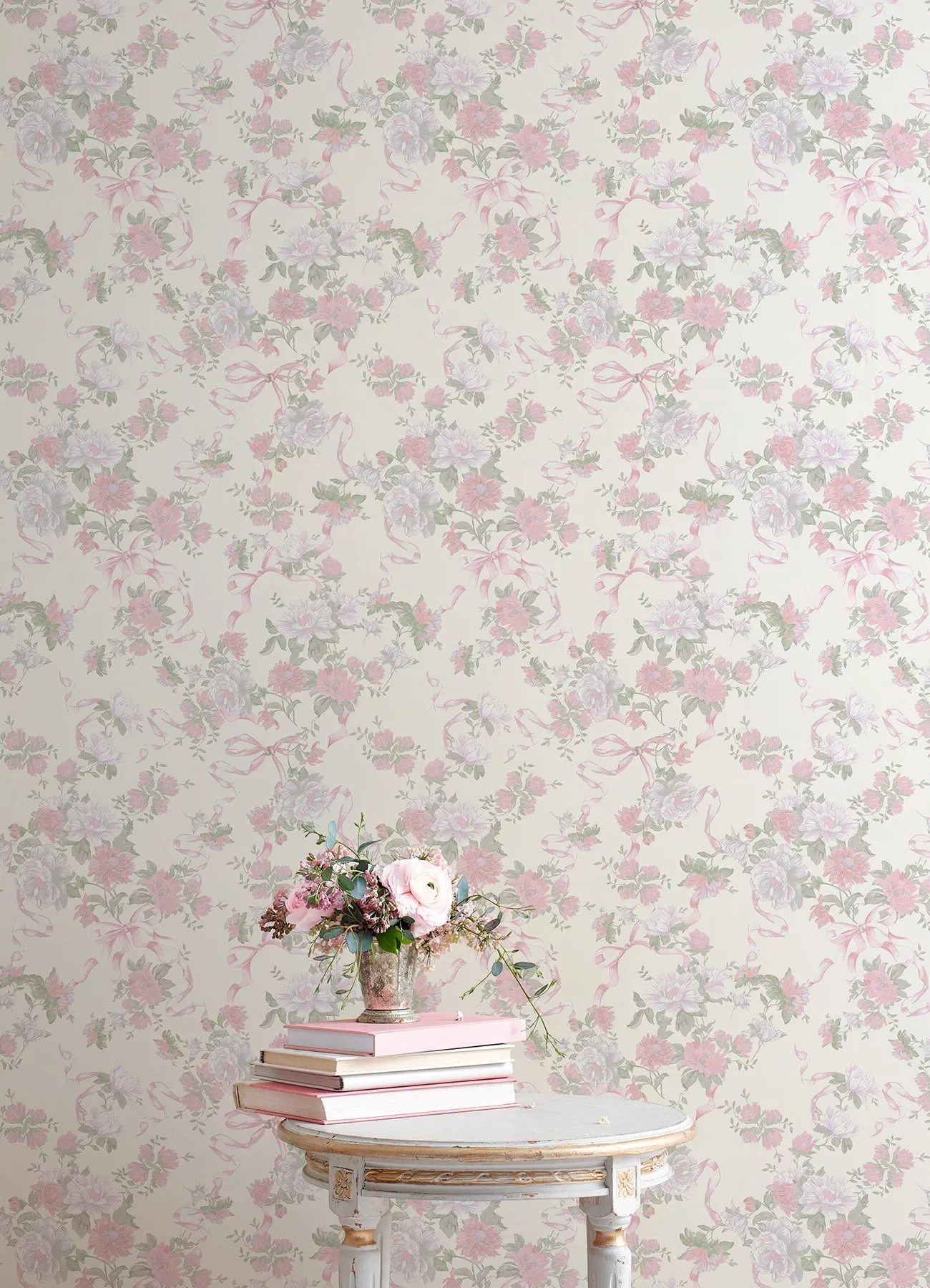 Cabbage Rose Bow Pretty in Ribbons and Roses Wallpaper