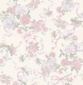 Cabbage Rose Bow Pretty in Ribbons and Roses Wallpaper