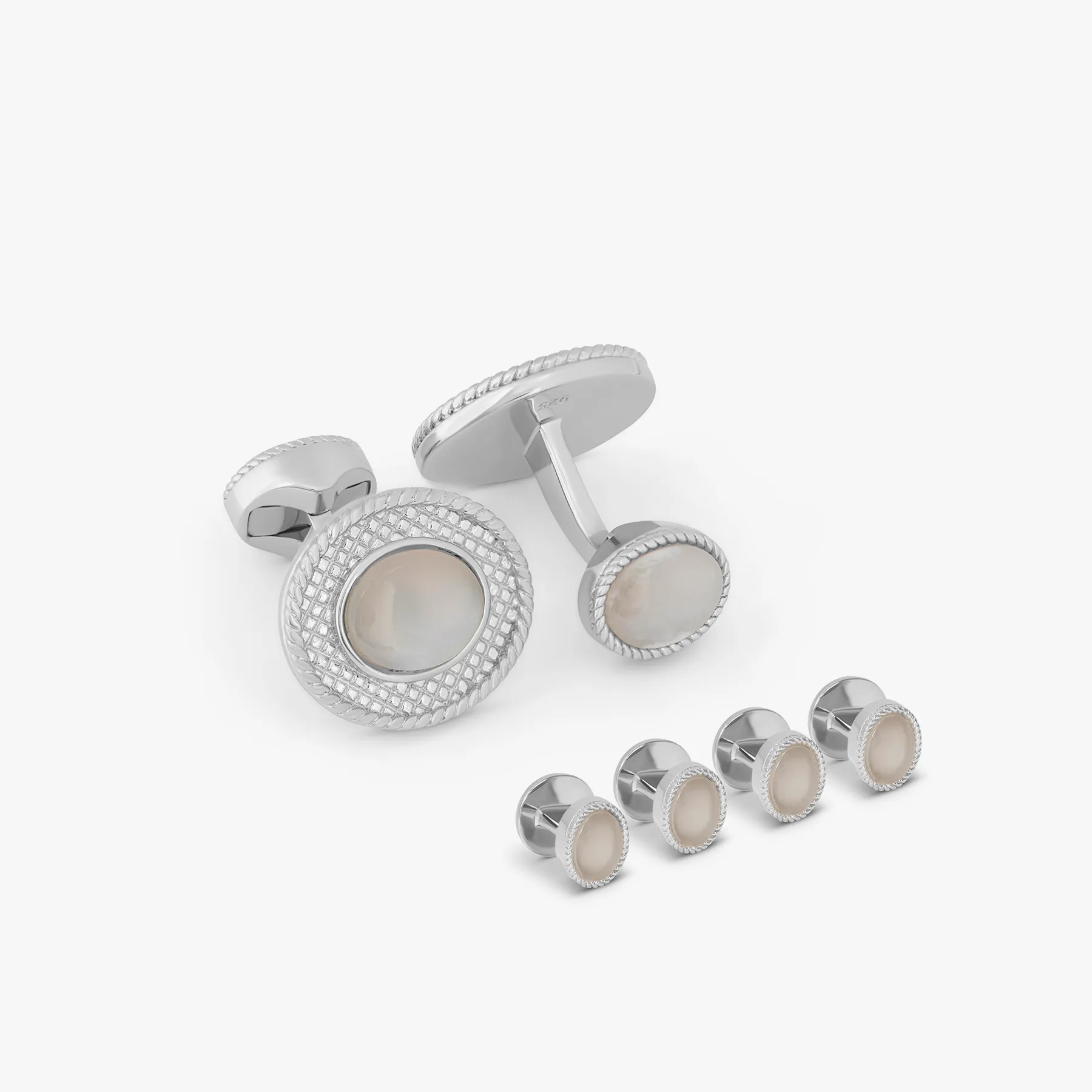 Cabochon Cufflinks And Studs Set With White Moonstone In Rhodium Silver