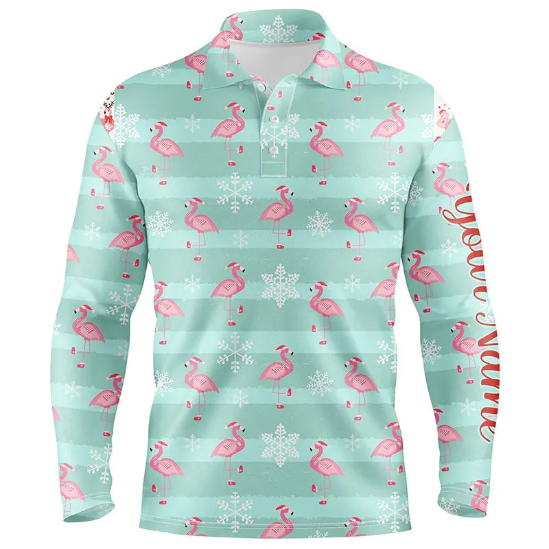 Christmas Cute Pink Flamingo Green Mens Golf Polo Shirt Custom Funny Golf Shirts For Men