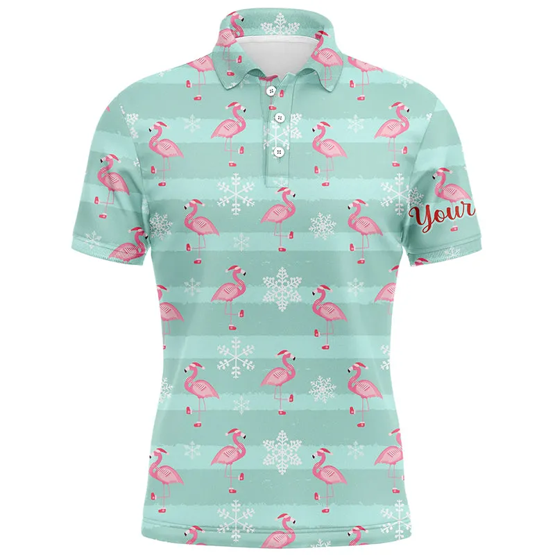 Christmas Cute Pink Flamingo Green Mens Golf Polo Shirt Custom Funny Golf Shirts For Men