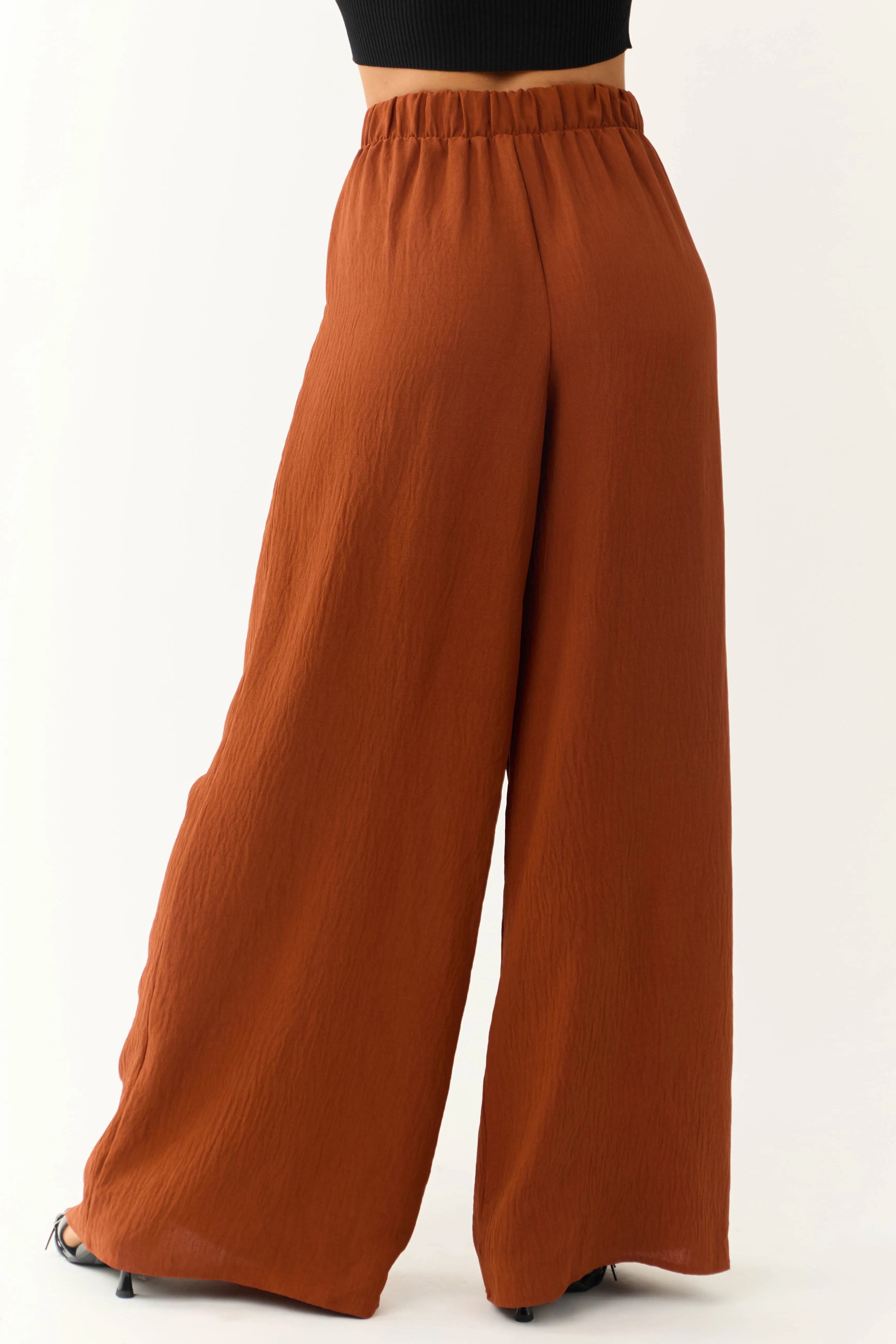 Cinnamon Pleated Wide Leg Flowy Elastic Waist Pants