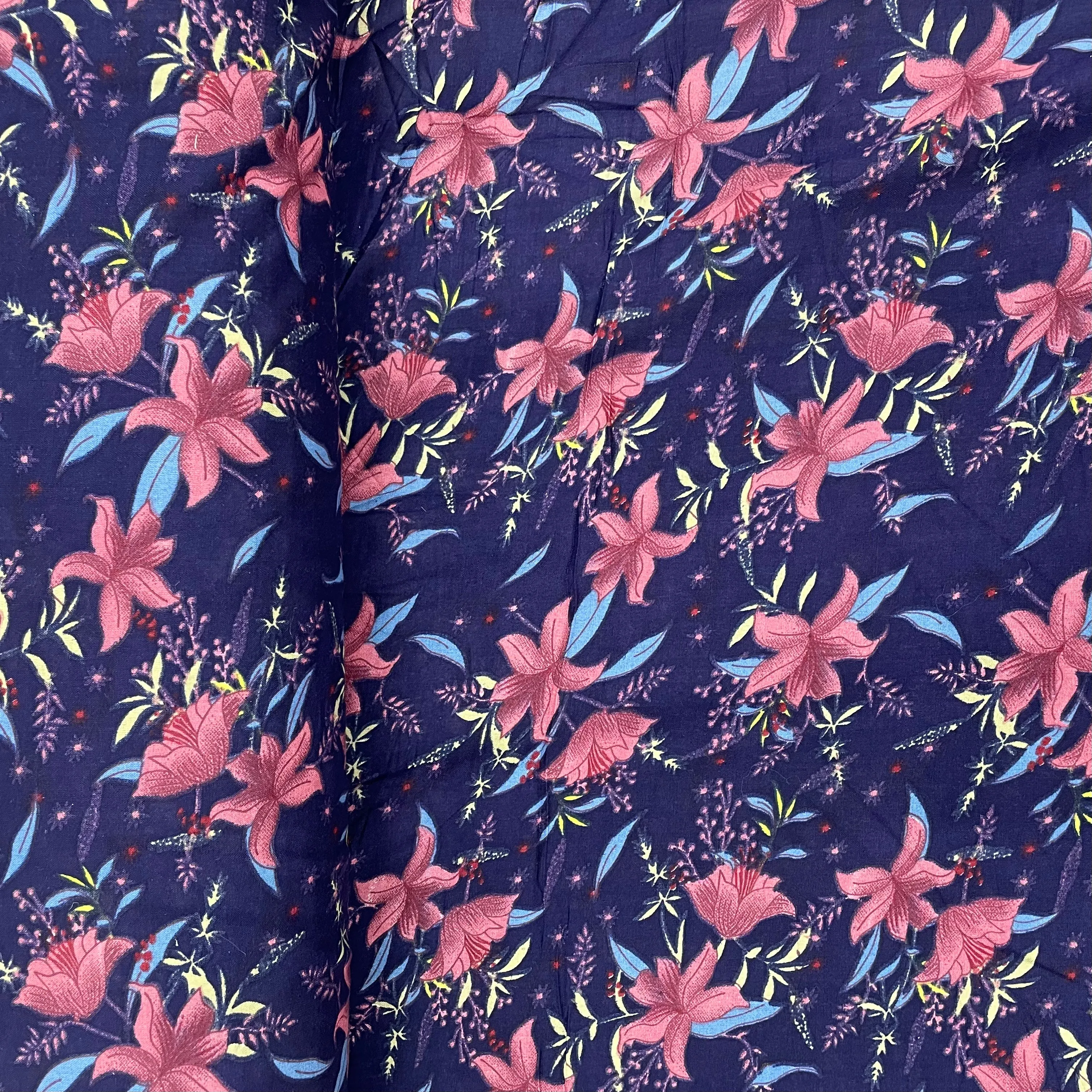 Dark Blue With Pink Floral Print Rayon Fabric