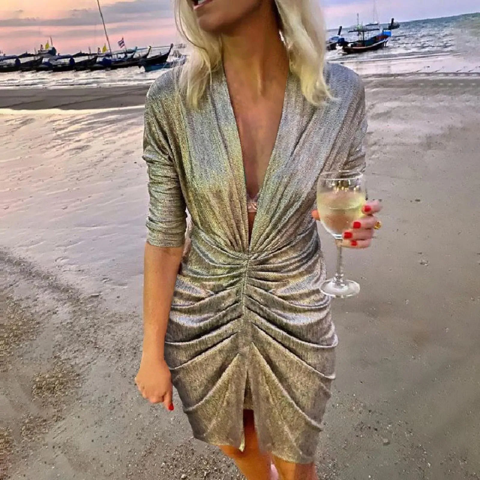 Deep V Neck Ruched Elegant Club Mini Casual Glitter Dress