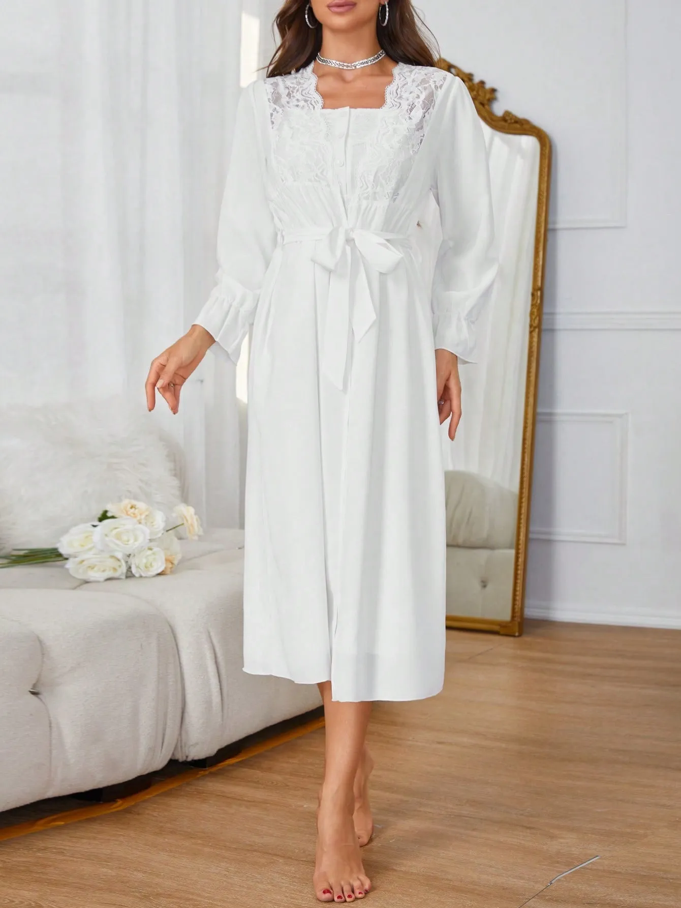 Elegant Contrast Lace Bathrobe And Solid Color Cami Dress Simple Pajama Set