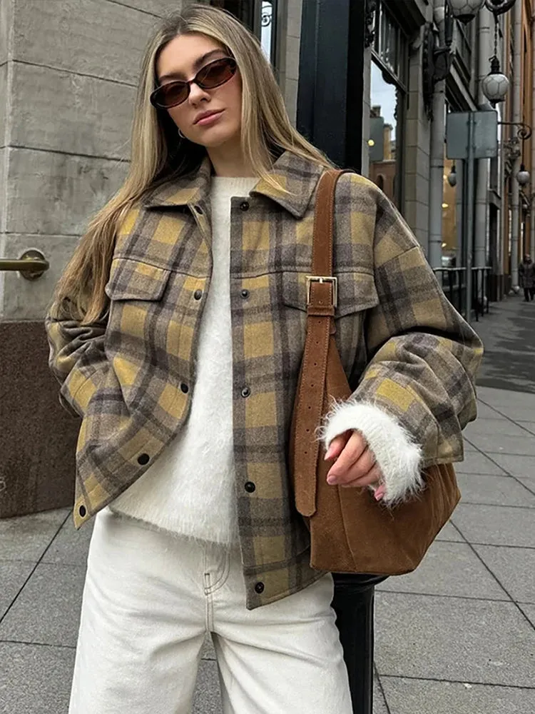 Fashionkova 2024 Winter Autumn Women Woolen Jacket Plaid Khaki Long Sleeve Tops Outwear Coat For Women