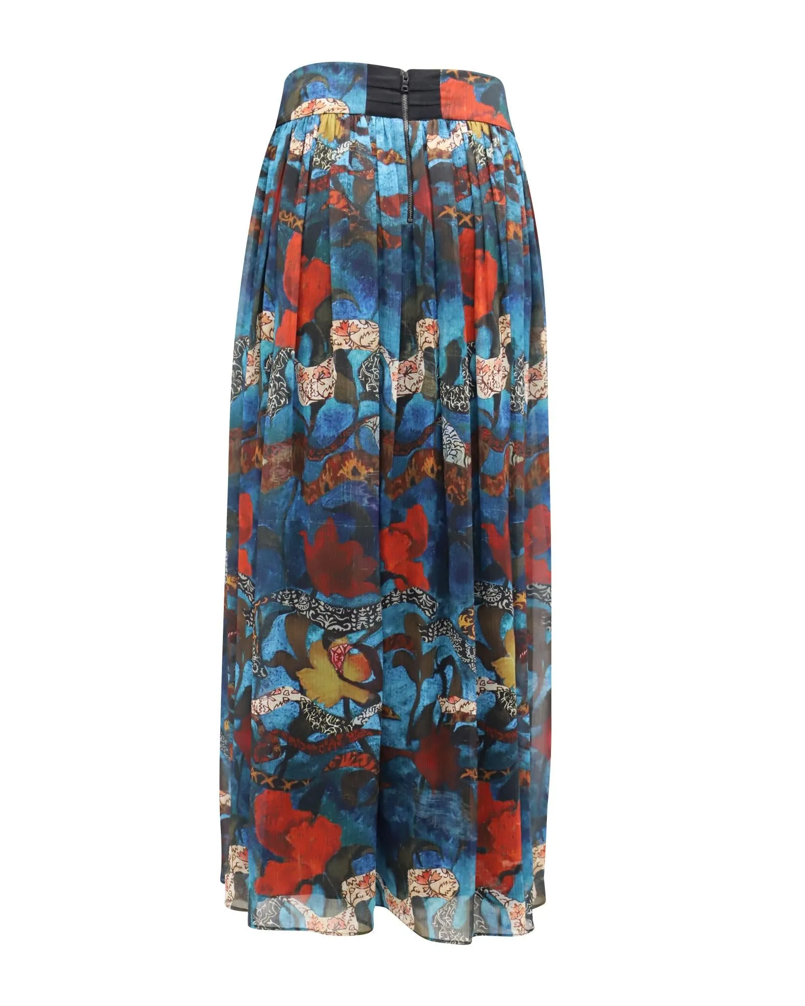 Floral Print Maxi Skirt in Blue Polyester