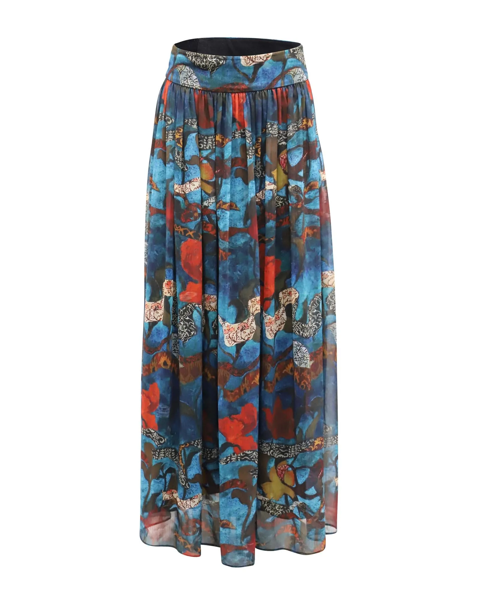 Floral Print Maxi Skirt in Blue Polyester