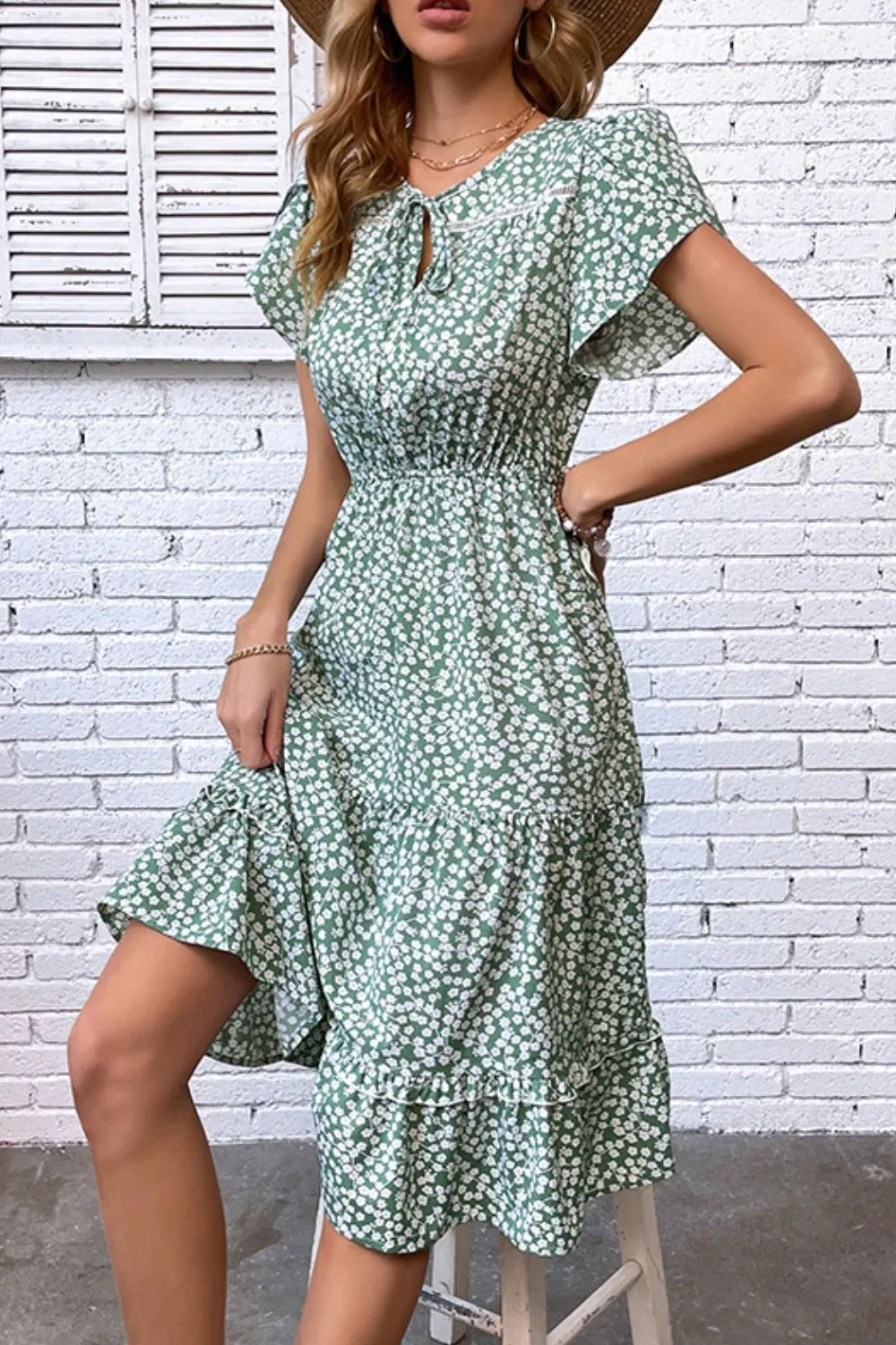 Floral Tie Neck Petal Sleeve Dress