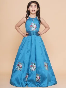 Girls Blue Embroiderd Flower Fit & Flared Maxi Dress.